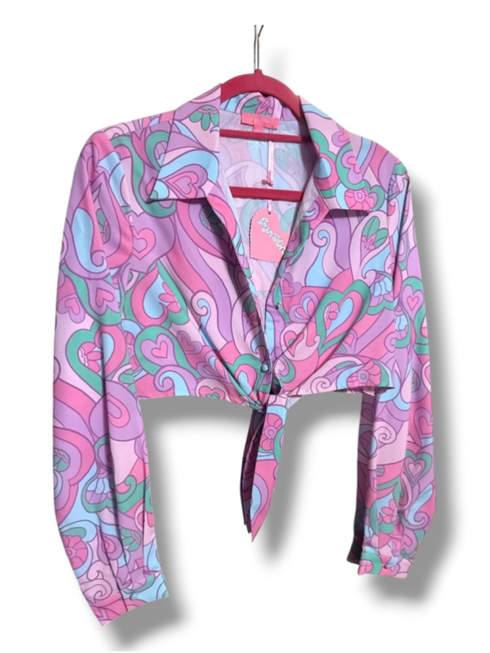 Sugar Thrillz Pink Blue Patterned Tie-Front Crop Top Size M